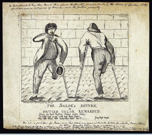 Two sailors with amputated legs, an eyepatch and an amputate Credit: Wellcome Library, London. Wellcome Images images@wellcome.ac.uk https://wellcomeimages.org Two sailors with amputated legs, an eyepatch and an amputated arm moving with the aid of crutches. Etching by S.B., 1783. 1783 By: S. B.after: Edward YoungPublished: 20 September 1783 Copyrighted work available under Creative Commons Attribution only licence CC BY 4.0 https://creativecommons.org/licenses/by/4.0/